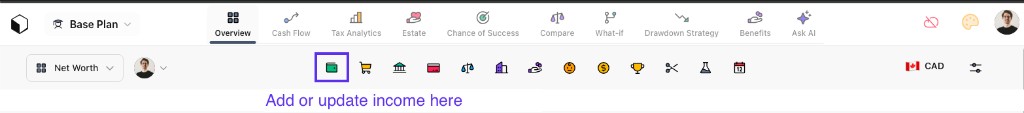 Overview control panel with wallet icon highlighted: add or update income from this entry point