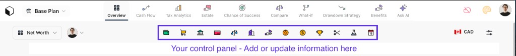 Overview control panel: add or update profile, accounts, income, expenses, and more from this icon row
